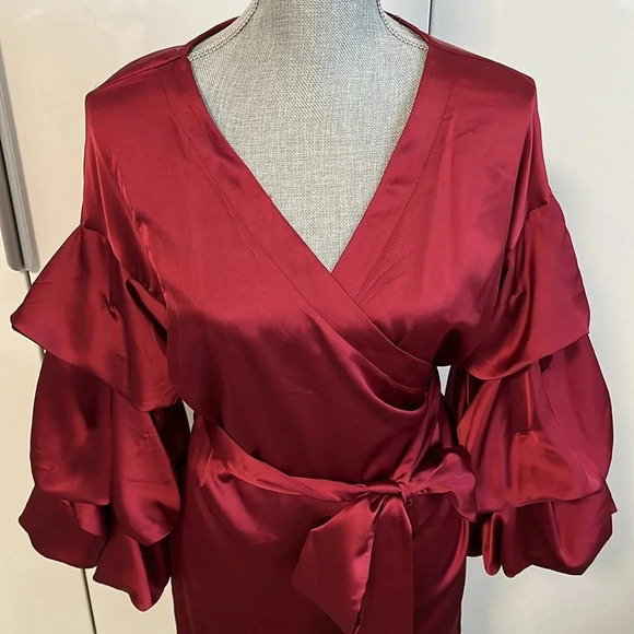 Bubble Sleeve Satin Wrap Dress Burgundy, Size L - Picture 2 of 9